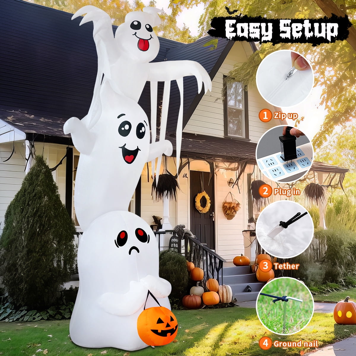 GOOSH Halloween Inflatables 9.8 FT Halloween Ghost Inflatable with Built-in LEDs, Scary Inflatable Ghost Blow up Overlap Ghost, Outdoor Halloween Decorations Ghost Inflatable for Halloween Holiday Pa