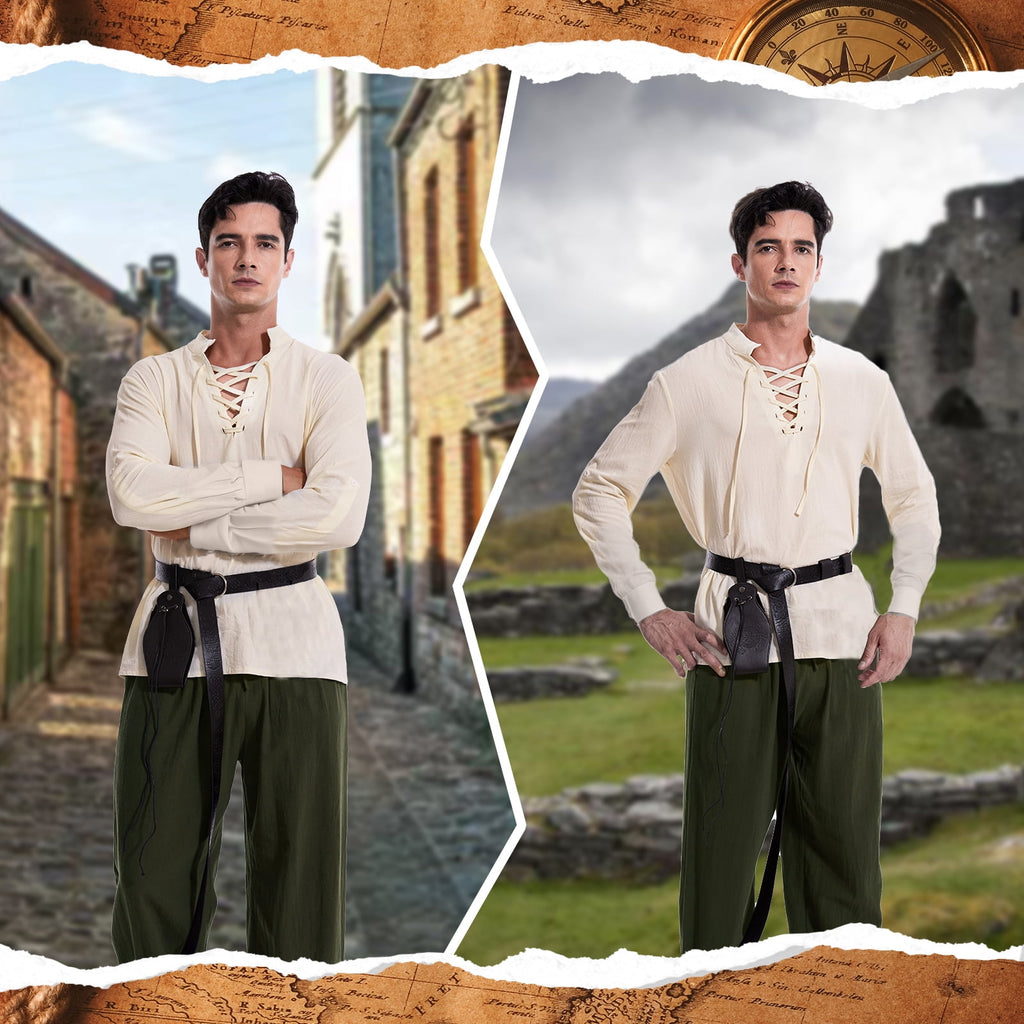 WASFDN 5 Pcs Men's Renaissance Costume Medieval Pirate Shirt Ankle Banded Pants Viking Costume Accessories Set,Style 2,M