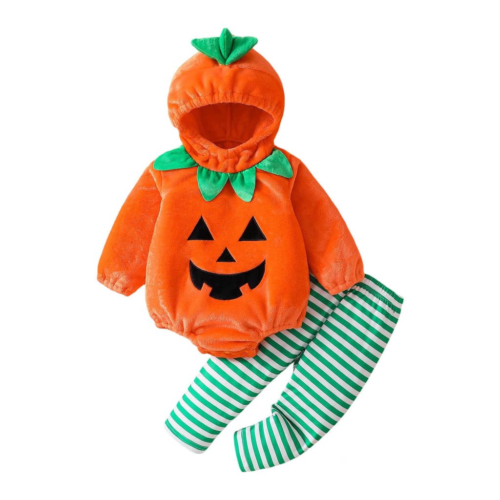 CUZIBR Girls Halloween Outfits Pumpkin Hooded Romper Striped Long Pants 2 Pieces Holiday Costume Set For Newborn Toddler Baby,Red,1-3 Months