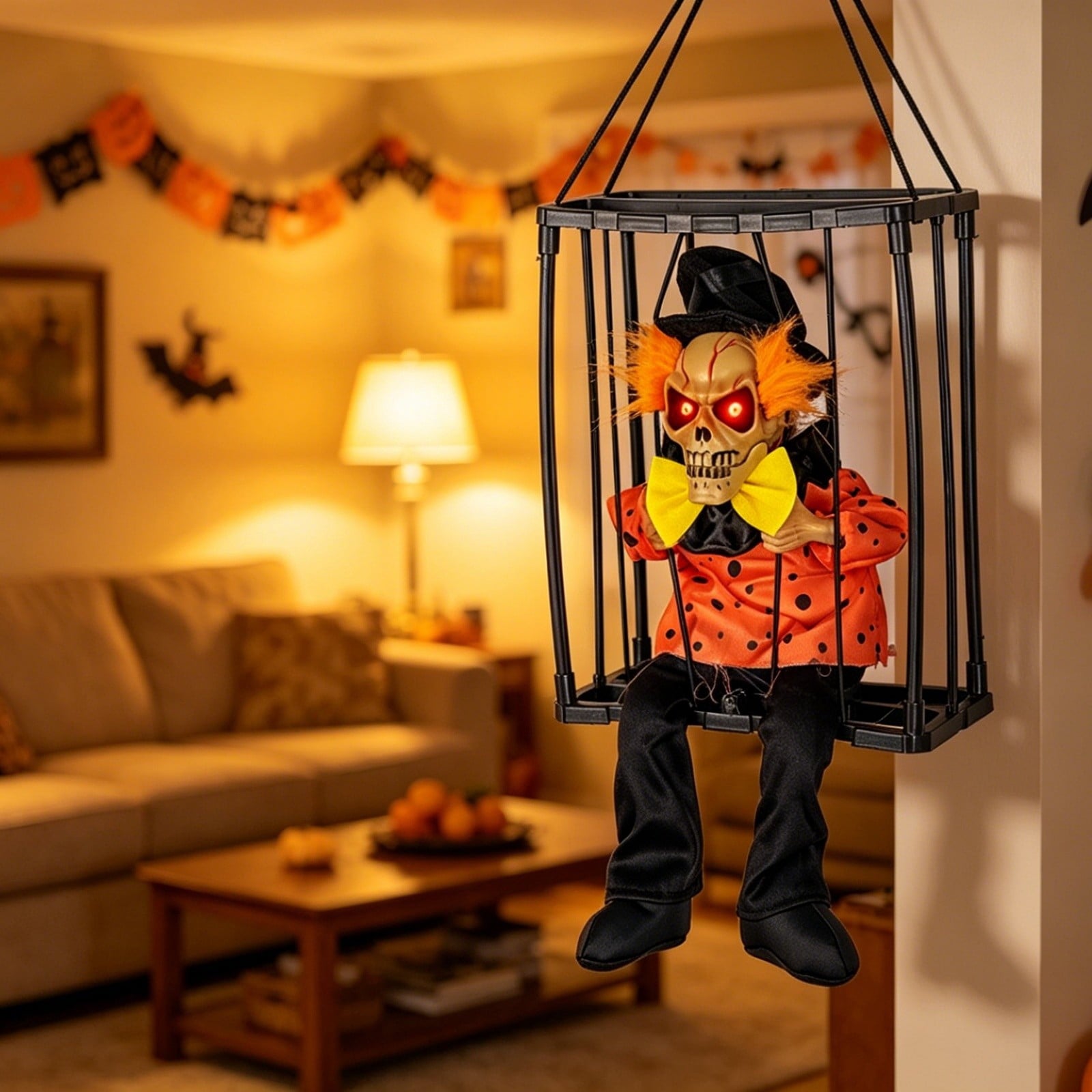 XIA0LE Halloween Hanging Caged Skeleton Prisoner Decoration, Animated Shaking Scary Ghost With Motion Sensor & Sound, Glowing Red Eyes Activated For Indoor Outdoor Party Decor (C)
