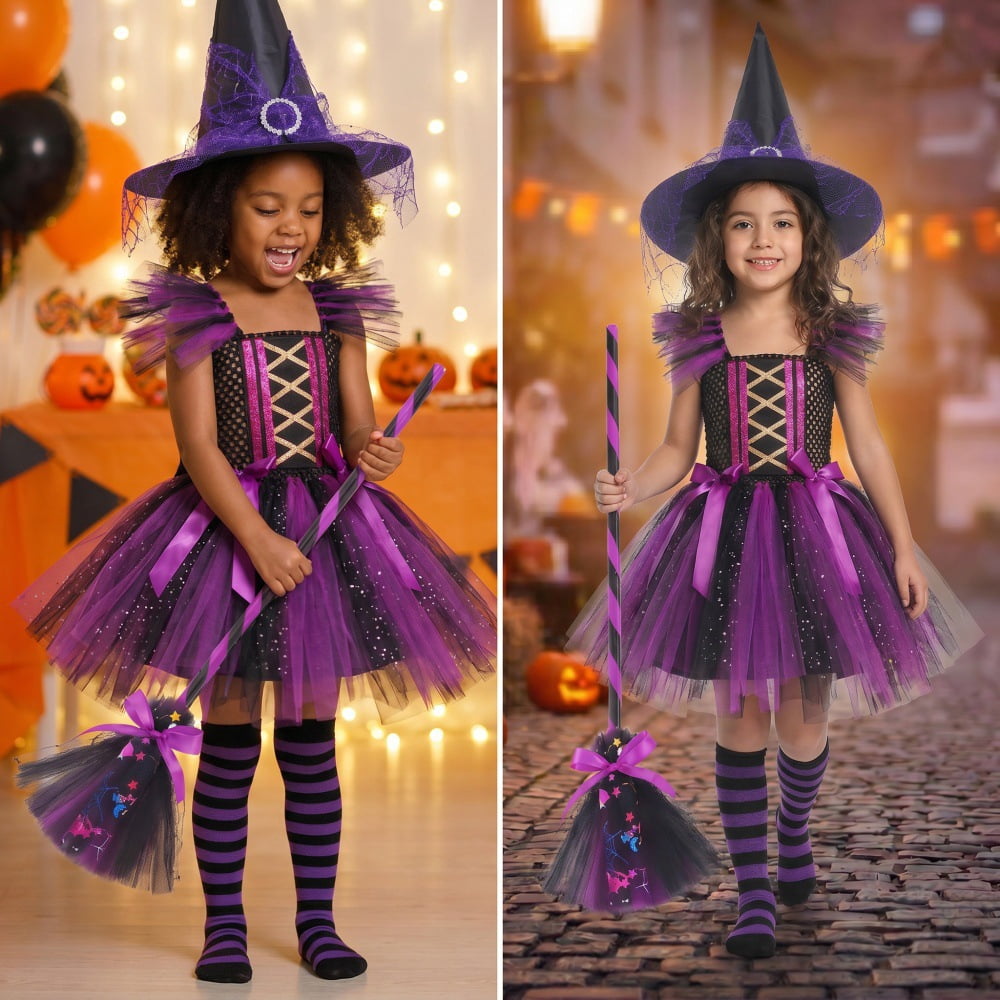 Halloween Cute Purple Witch Costume Set for Toddler Girls, Bat Outfit Dress with Witch Hat & Magic Broom