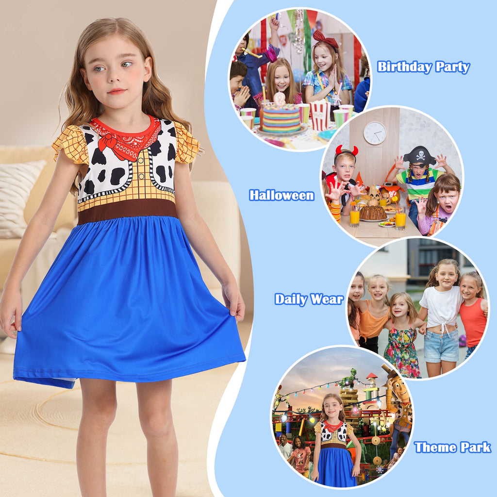 Benylion Cowgirl Costume for Girl Summer Dress Western Dress Up Outfit for Kids Halloween Cosplay Party Dresses Ruffle Sleeve for 5-6 Years