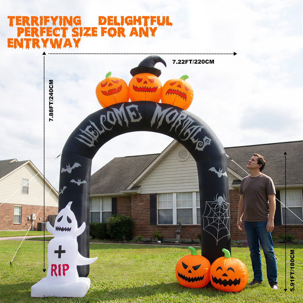 MAGOTAN 9 FT Halloween Inflatables Archway Outdoor Decorations Pumpkin Ghost Archway Halloween Inflatable Blow Up Pumpkin Tombstone Decoration Build-in LED Lights