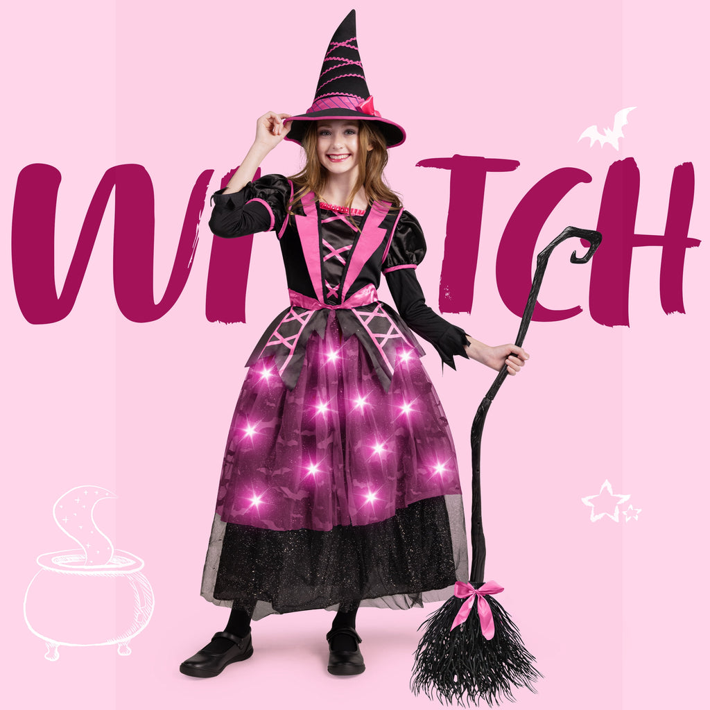 Joyfy Light up Witch Costume for Girls,Starry Witch Dress with Broom Hat for Kids and Toddlers, Perfect for Halloween Party Dress-up Cosplay Age 5-7