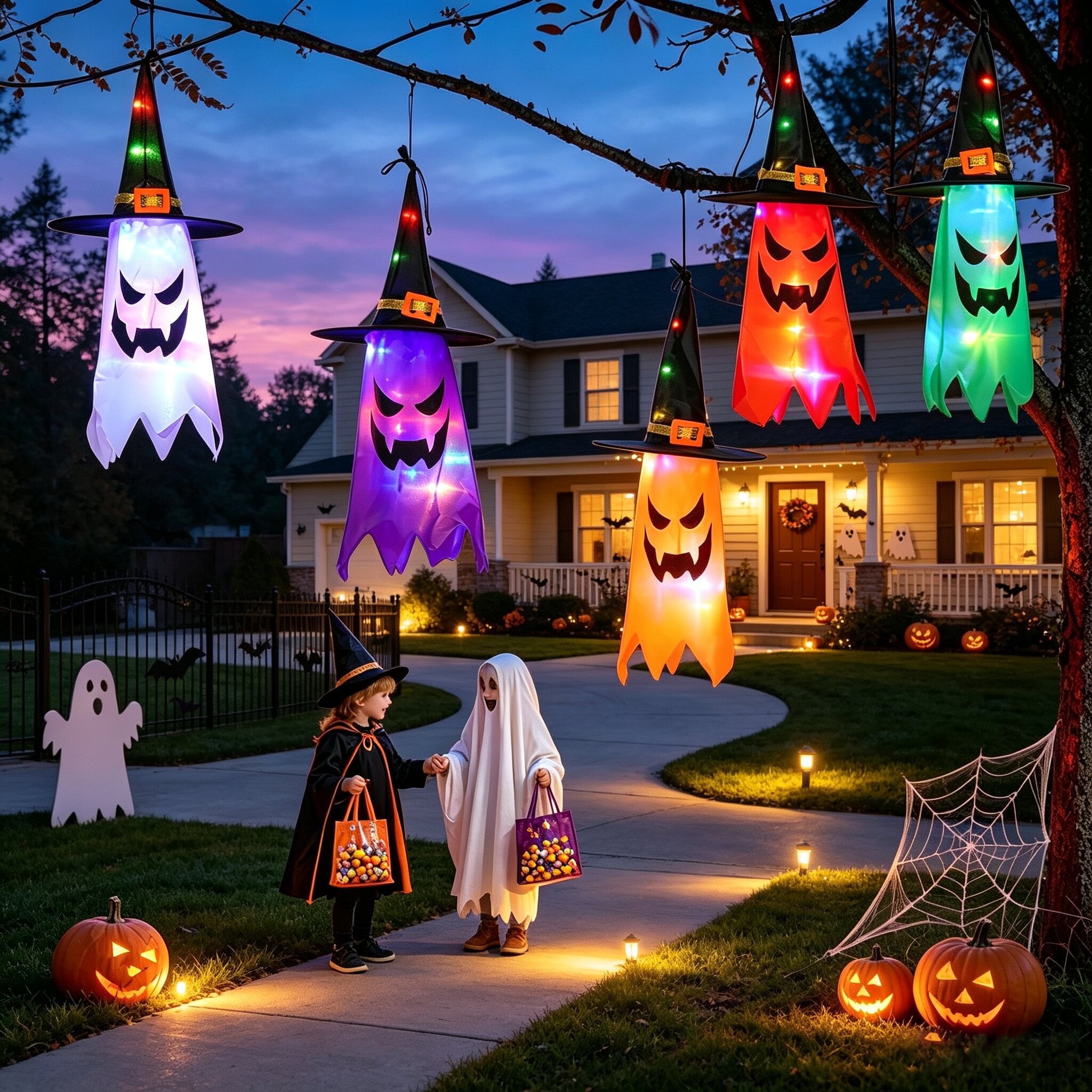 5Pcs Halloween Hanging Witch Hat String Lights, Waterproof LED Halloween Decorations, Battery Operated Colorful Glowing Witch Hat Lights for Yard Tree Porch Garden, Halloween Outdoor Decor