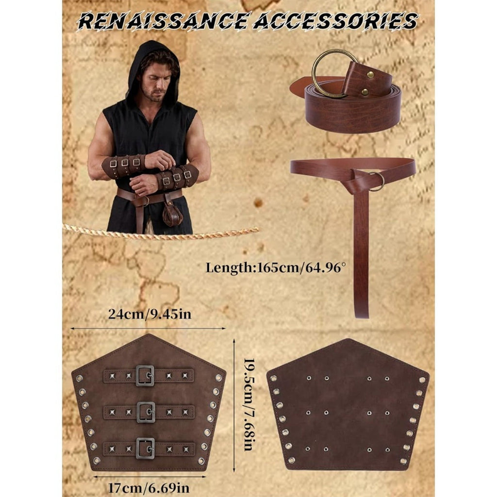 Men's Medieval Vintage Viking 5-Piece Cosplay Costume Set Sleeveless Hooded Cape Belt and Bracers for Halloween
