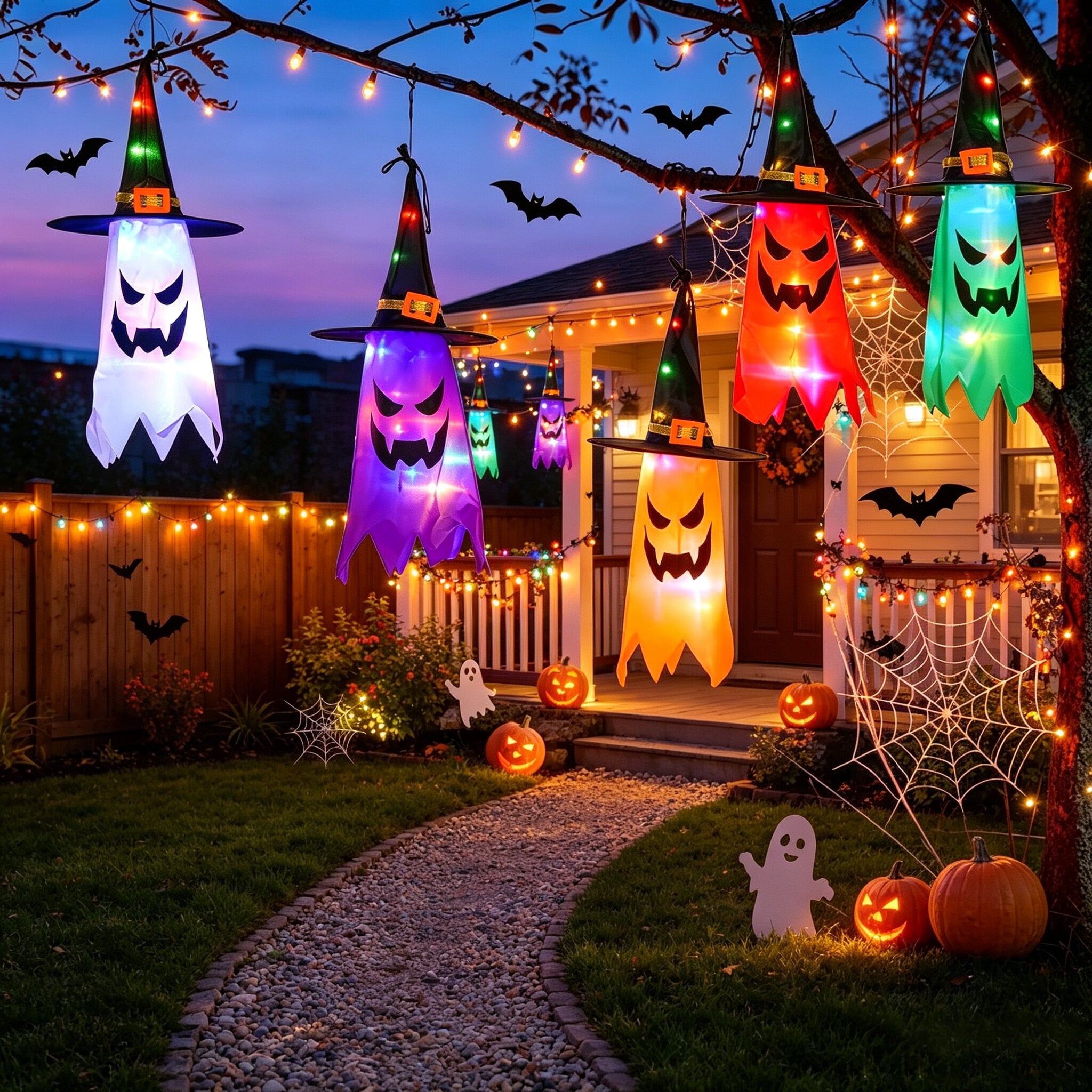 5Pcs Halloween Hanging Witch Hat String Lights, Waterproof LED Halloween Decorations, Battery Operated Colorful Glowing Witch Hat Lights for Yard Tree Porch Garden, Halloween Outdoor Decor