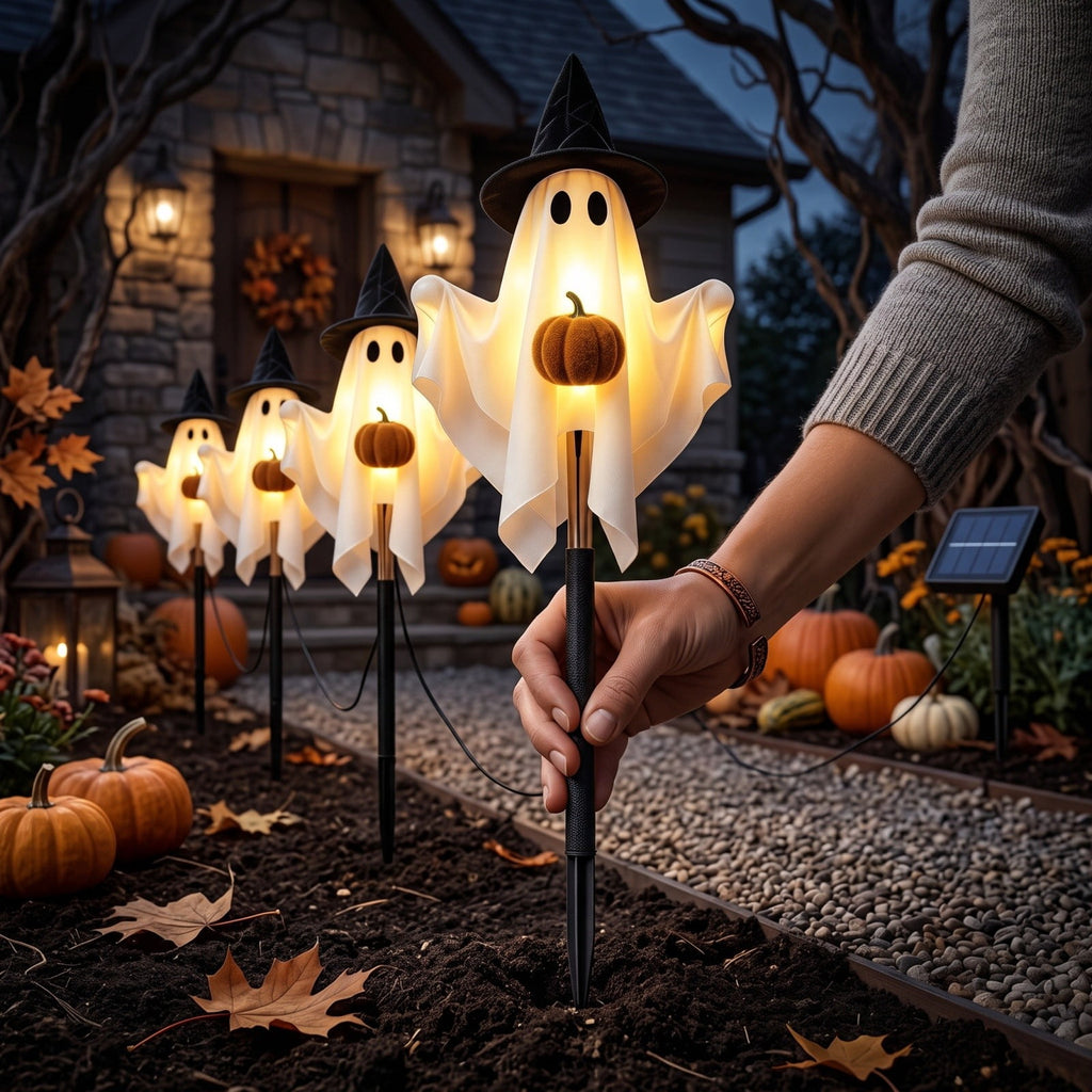 1-Pack Halloween Solar Lights with 8 Lighting Modes - Light Up Ghost Decorations for Outdoor, Witch Hat With Dimensional Pumpkin Halloween Ghost Path Lights