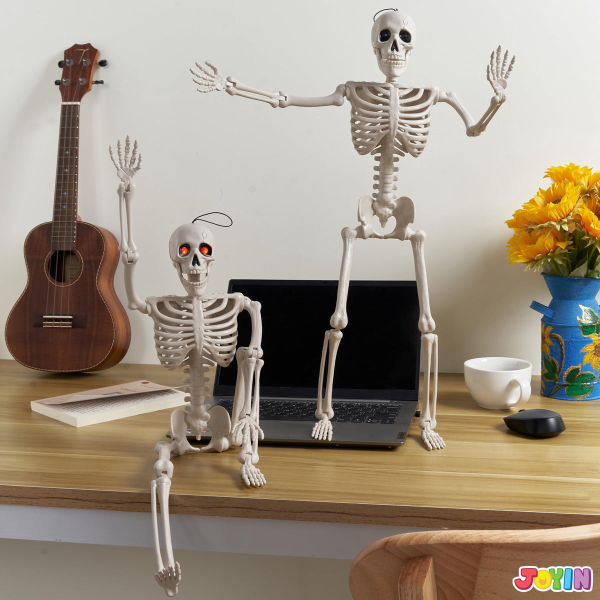 Joyfy 24 Inch Halloween Skeleton Decor with LED Light Eyes,Posable Skeleton Halloween Prop Full Body with Movable Joints for Haunted House Indoor Outdoor Decoration Spooky Decor