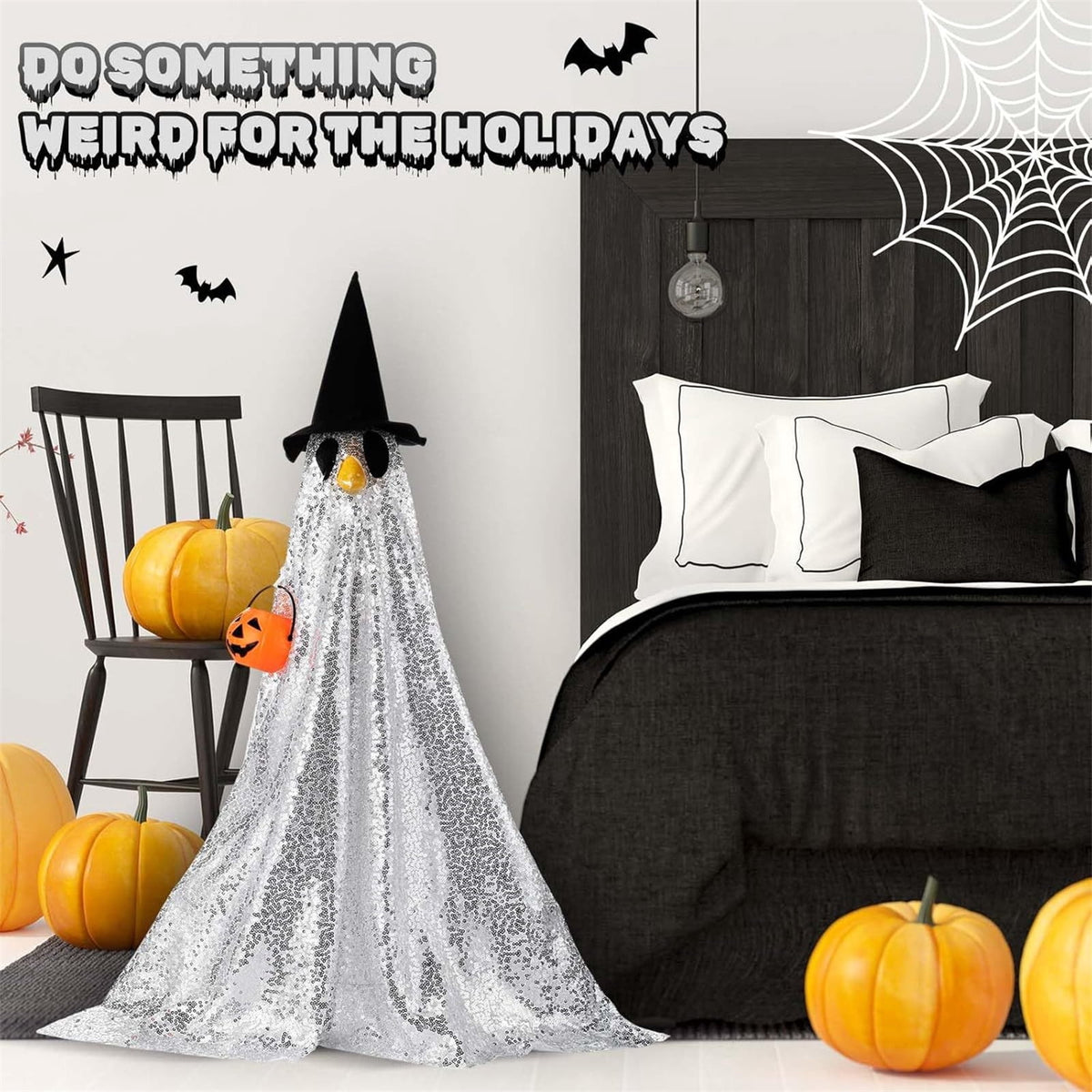 Bat Witch Hat Spiderweb Halloween Goose Clothes Fit 17/23In Cement Plastic Lawn Goose, Stylish Full Set for Outdoor Yard Patio Garden Seasonal Halloween Home Ornamental Arrangement