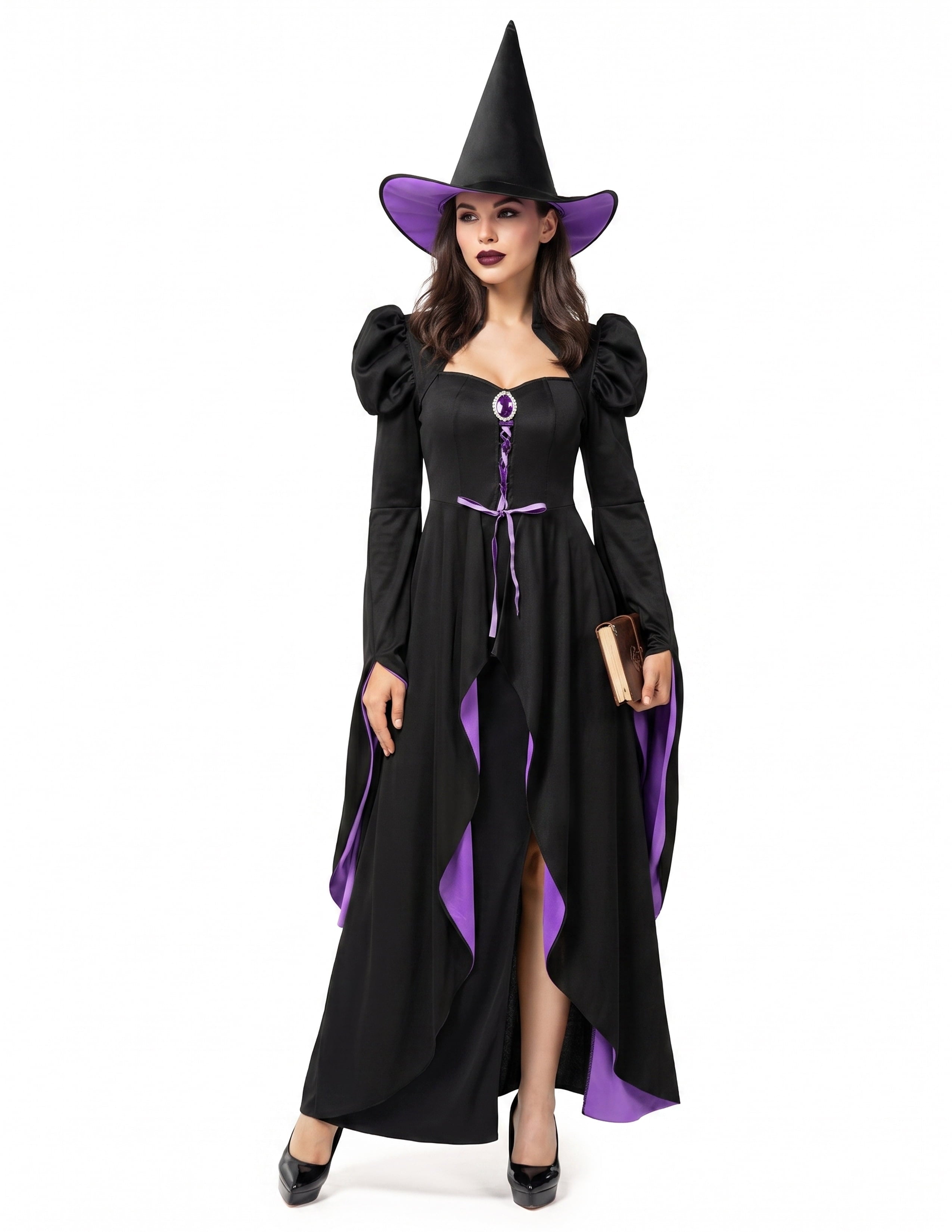 Joyfy Witch Costume for Women, Starry Witch Dress with Belt Hat for Adult Halloween Party Cosplay Dress up