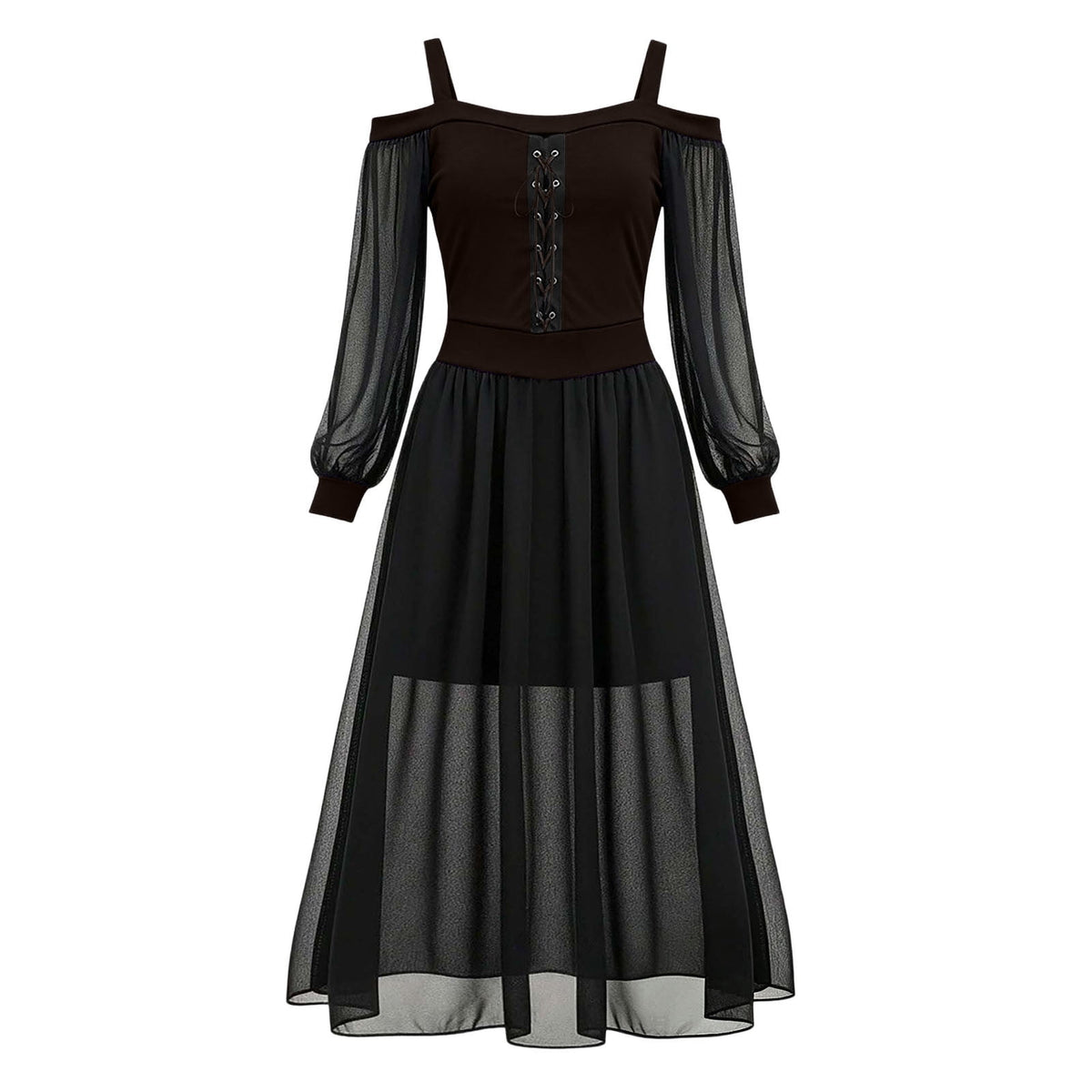 JOANKDMI Women's Gothic Midi Dress Elegant Vampire Costume Cold Shoulder Sheer Long Sleeve Lace-up Corset for Roleplay Halloween Party Outfit Chic, S-3XL