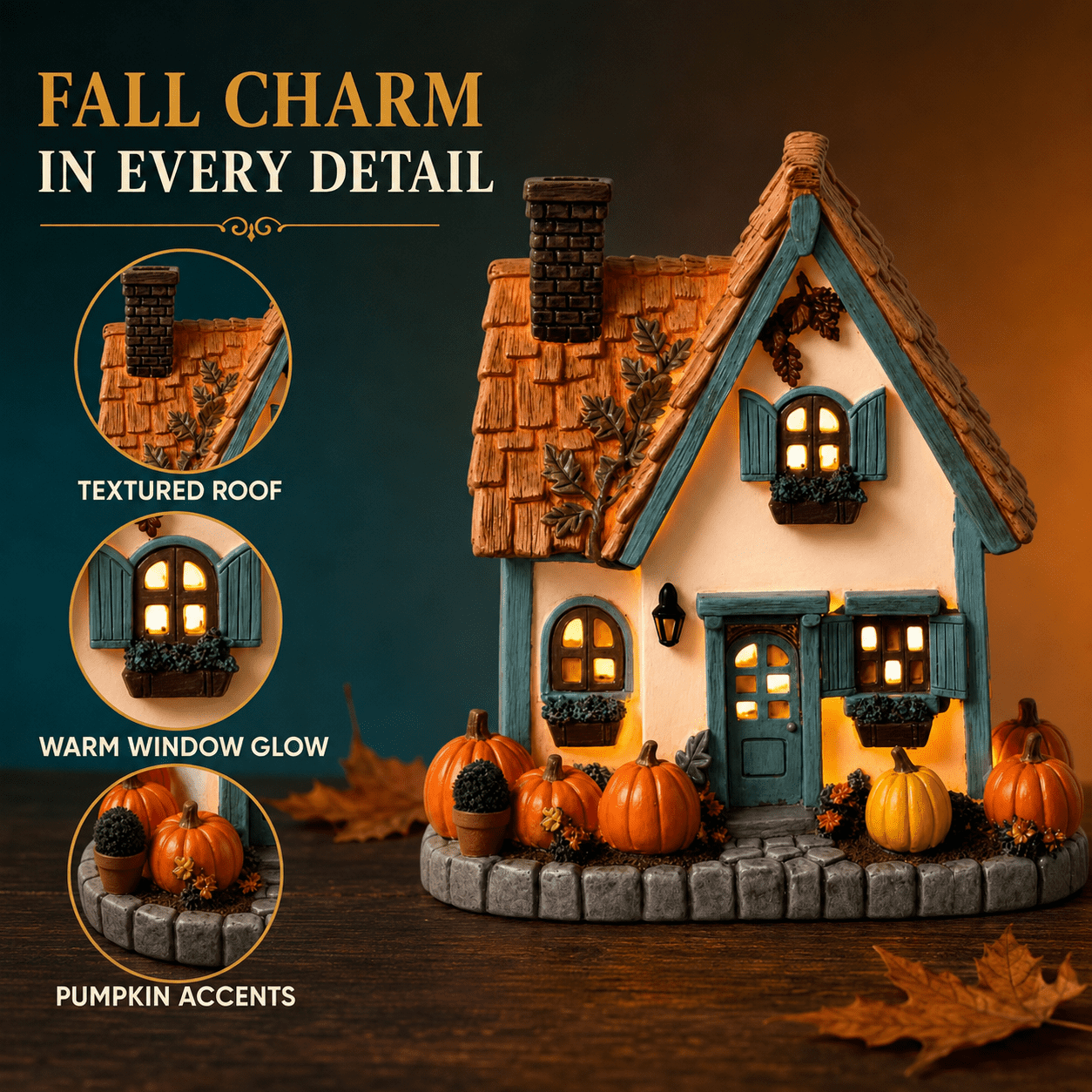 Fall Harvest Light Up Cottage House, LED Resin Pumpkin Autumn Halloween Thanksgiving Tabletop Decor with Warm Glow for Mantel Shelf Home Office Seasonal Decoration, 6" (1 PC)