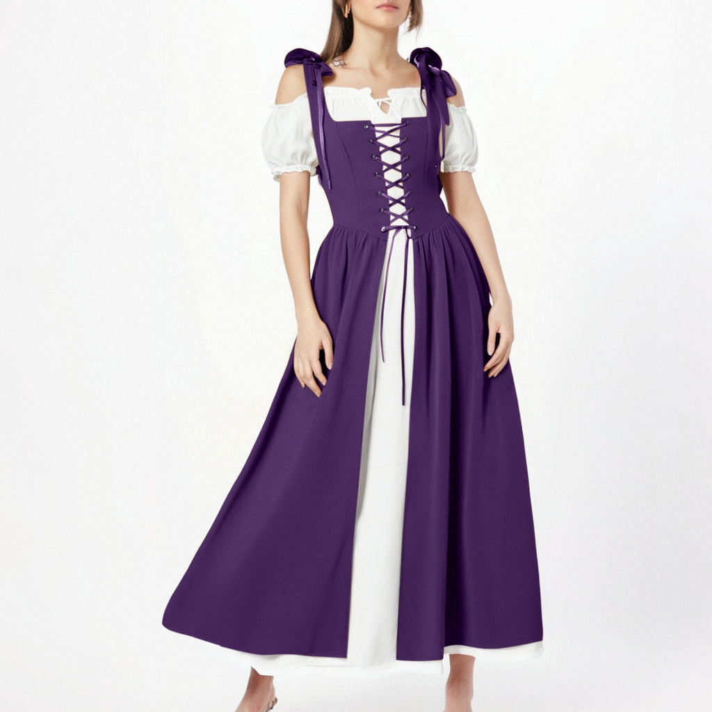 QATAINLAV Renaissance Costume Women Vintage Medieval Dress Cold Shoulder Short Sleeve Peasant Pirate Irish Maxi Dresses, Black, L