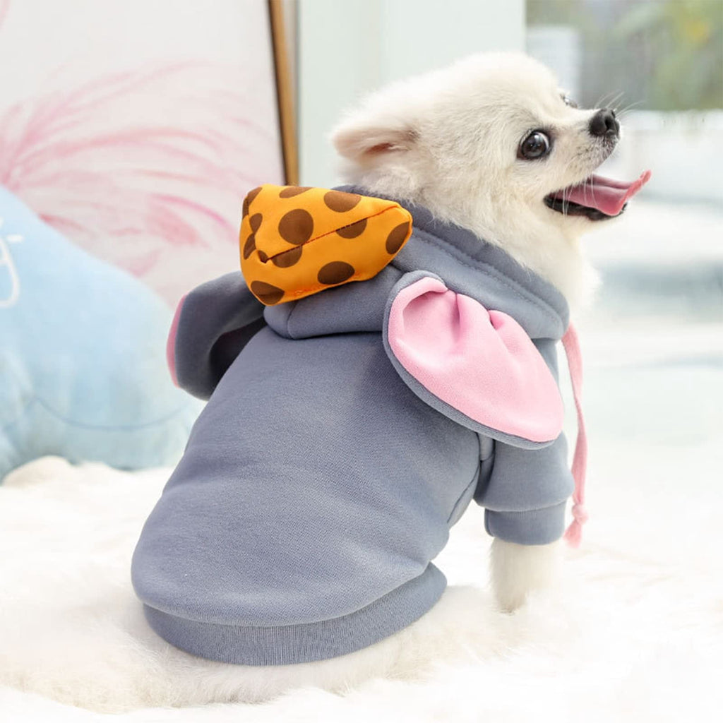 WILLED Winter Big Ear Mouse Dog Hoodies, Cute Cheese Warm Pet Halloween Costume, for Small to Medium Dogs, Puppy French Bulldog, Chihuahua, Gray, XXS