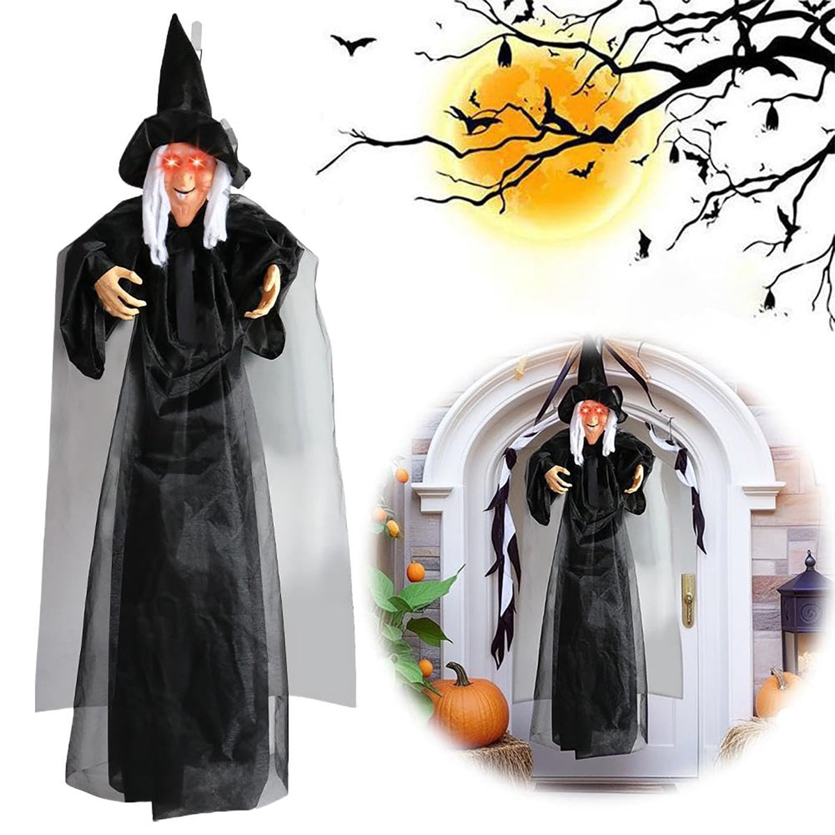 ZTTD Life Size Hanging Witch Halloween Decor (71 Inches) | Sound & Touch Activated Talking Halloween Decorations | Witch Props Excellent Choice for Haunted House | Indoor & Outdoor Animated Prop