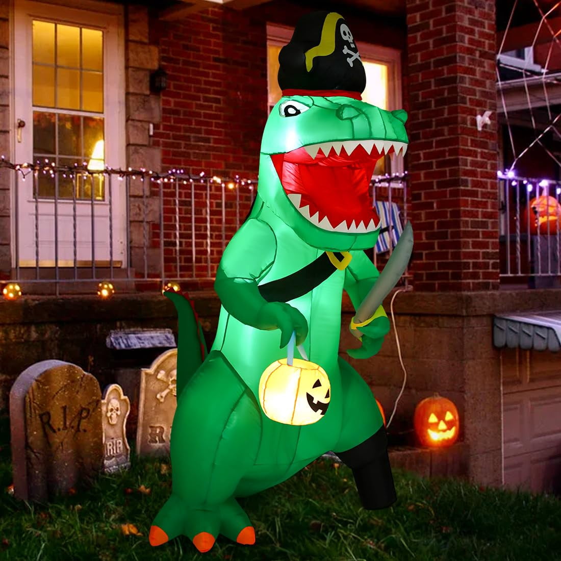 GOOSH 7FT Outdoor Halloween Decorations Halloween Dinosaur Inflatable, Halloween Inflatables Blow up Dinosaur, Green Pirate Dino Halloween Decorations Dinosaur Halloween Inflatable for Holiday/Party