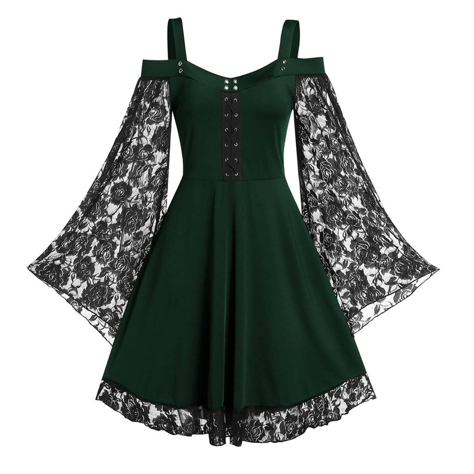 LYXSSBYX Halloween Costume for Women Cosplay Costumes Women Patchwork Skull Lace Splicing Long Sleeve Vintage Party Dark Gothic Dress