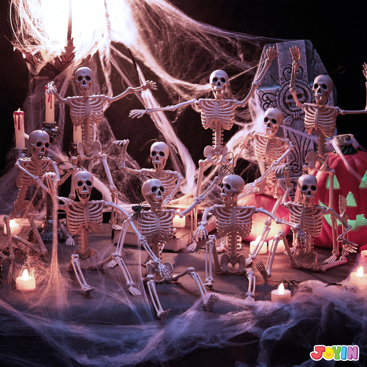 Joyfy 5 Pcs Halloween Skeleton Decorations,16 inch Full Body Poseable Skeleton with Movable Joints for Halloween Indoor Outdoor Party,Graveyard,Haunted House Accessories,White