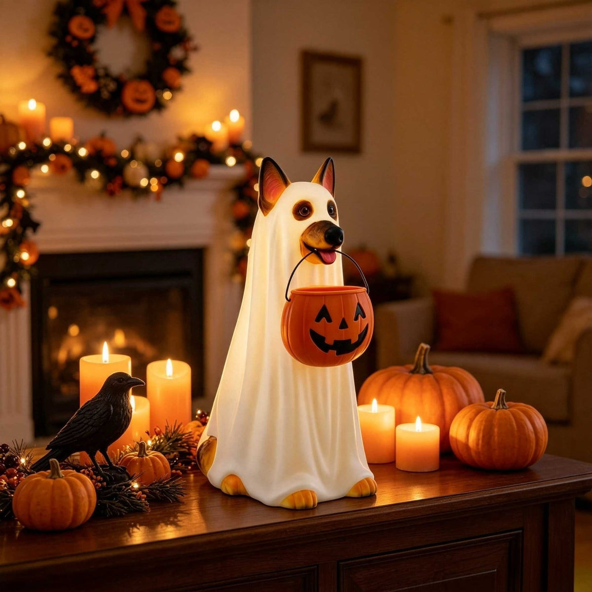 Ghost Dog,Ghost Decor,Halloween Light Up Ghost Dog Statue, LED Ghost Puppy Holding Pumpkin Candy Bucket, Waterproof Outdoor Decoration For Front Yard Porch Garden(White A 10in)