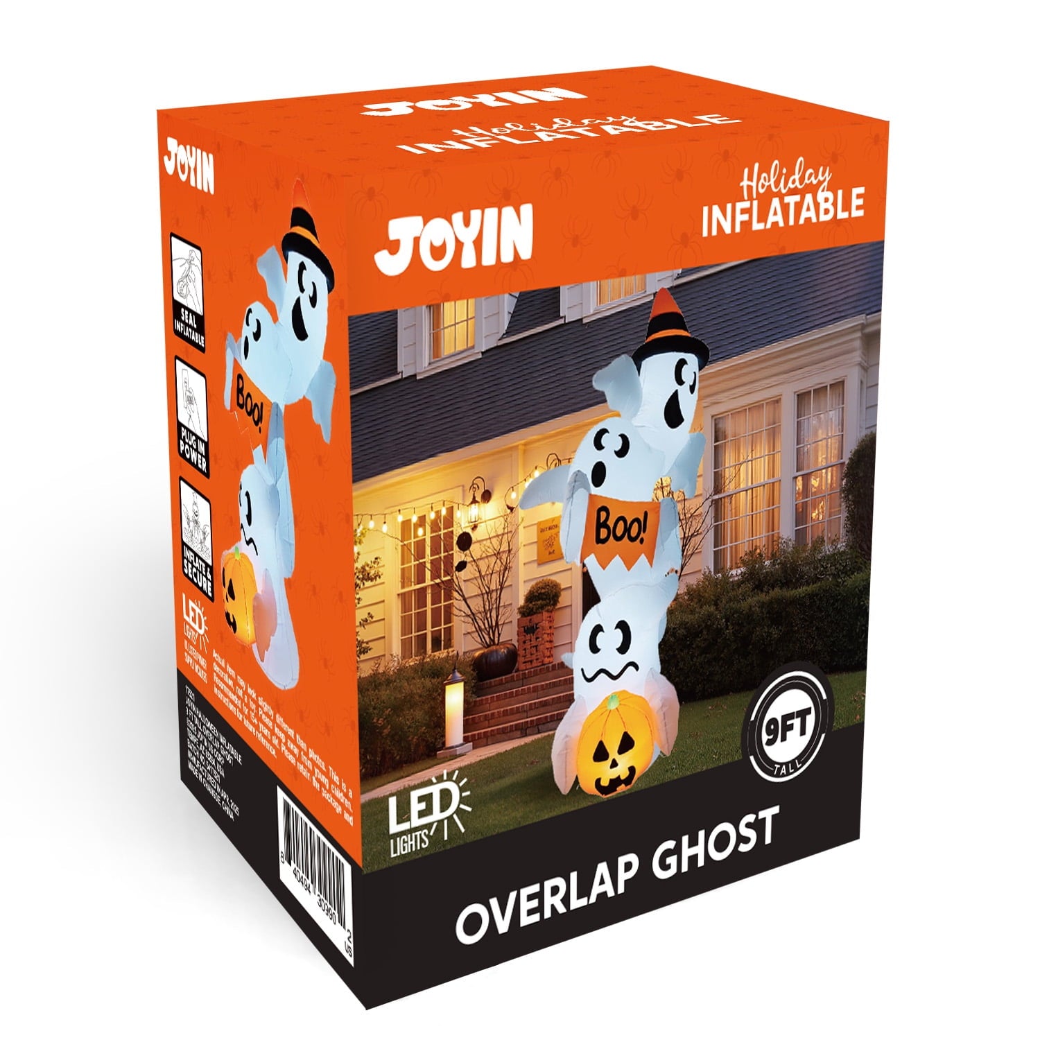 Joyfy 5ft Halloween Inflatables Light up Cute Ghost,Blow Up Ghost Lift Pumpkin Candy Bag with Build-in LEDs for Yard Decorations