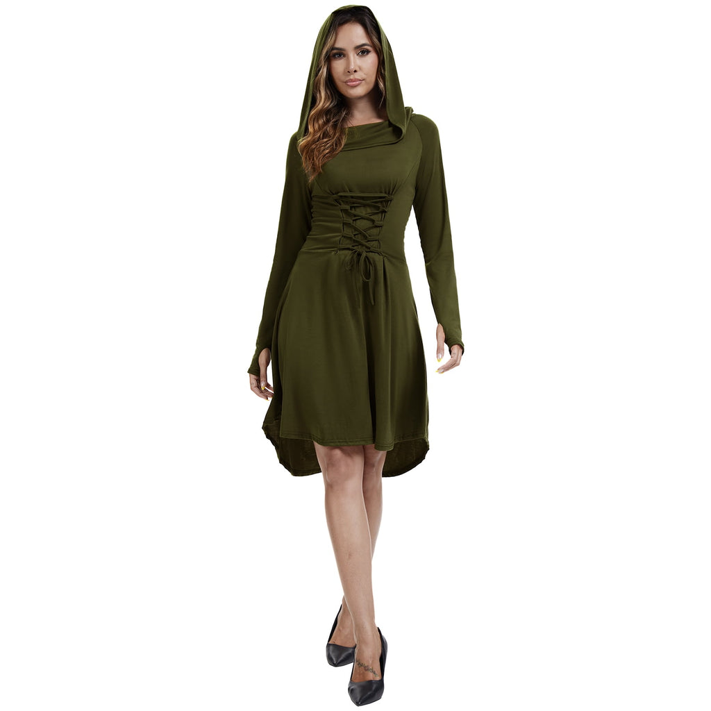 WASFDN Womens Renaissance Costumes Hooded Robe Lace Up Renaissance Dress Women Halloween Vintage Medieval Cloak(Green,L)