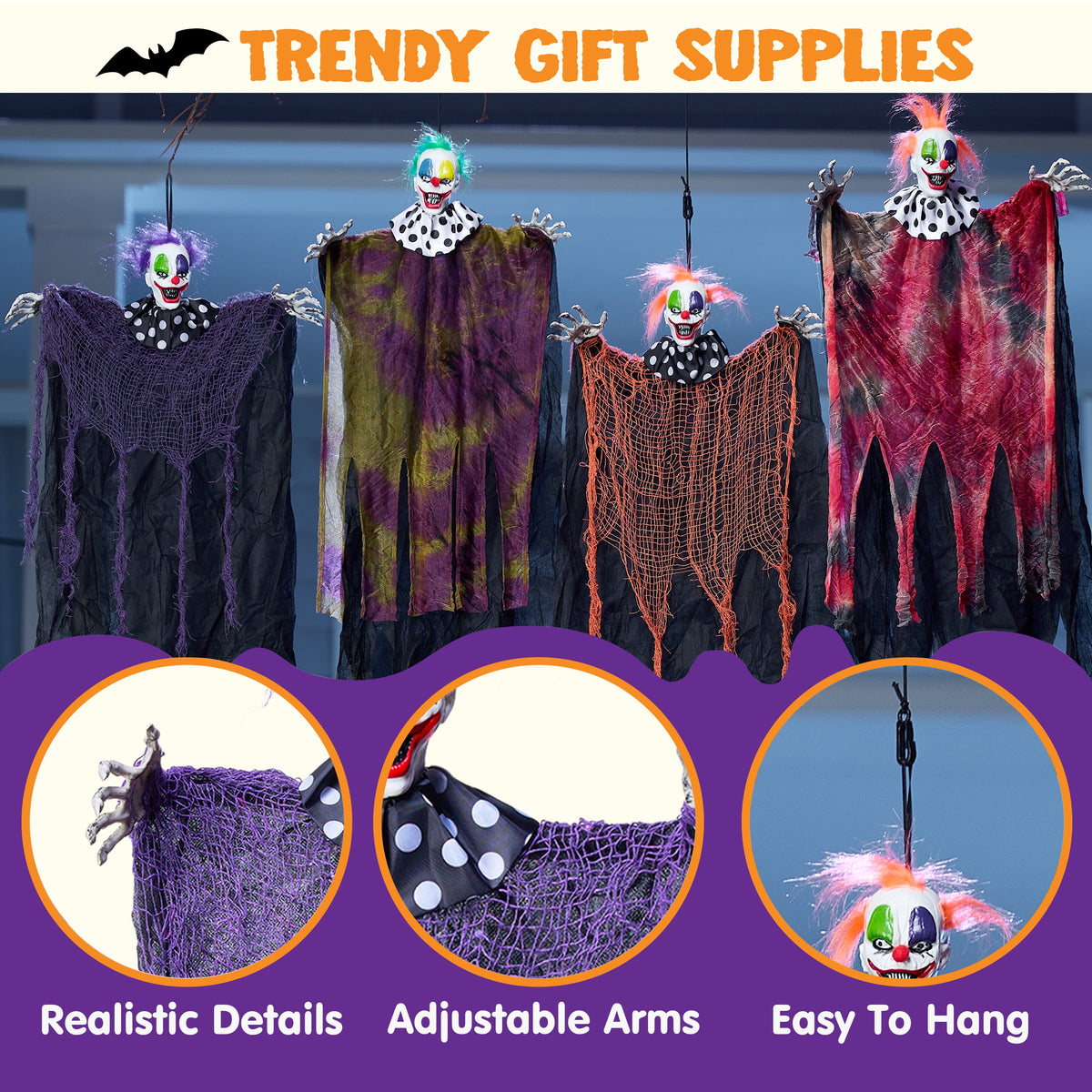 Joyfy 4 Pcs Halloween Decorations Outdoor Hanging Clown Ghost,29" Scary Outdoor Halloween Decor for Halloween Haunted House Decor Props