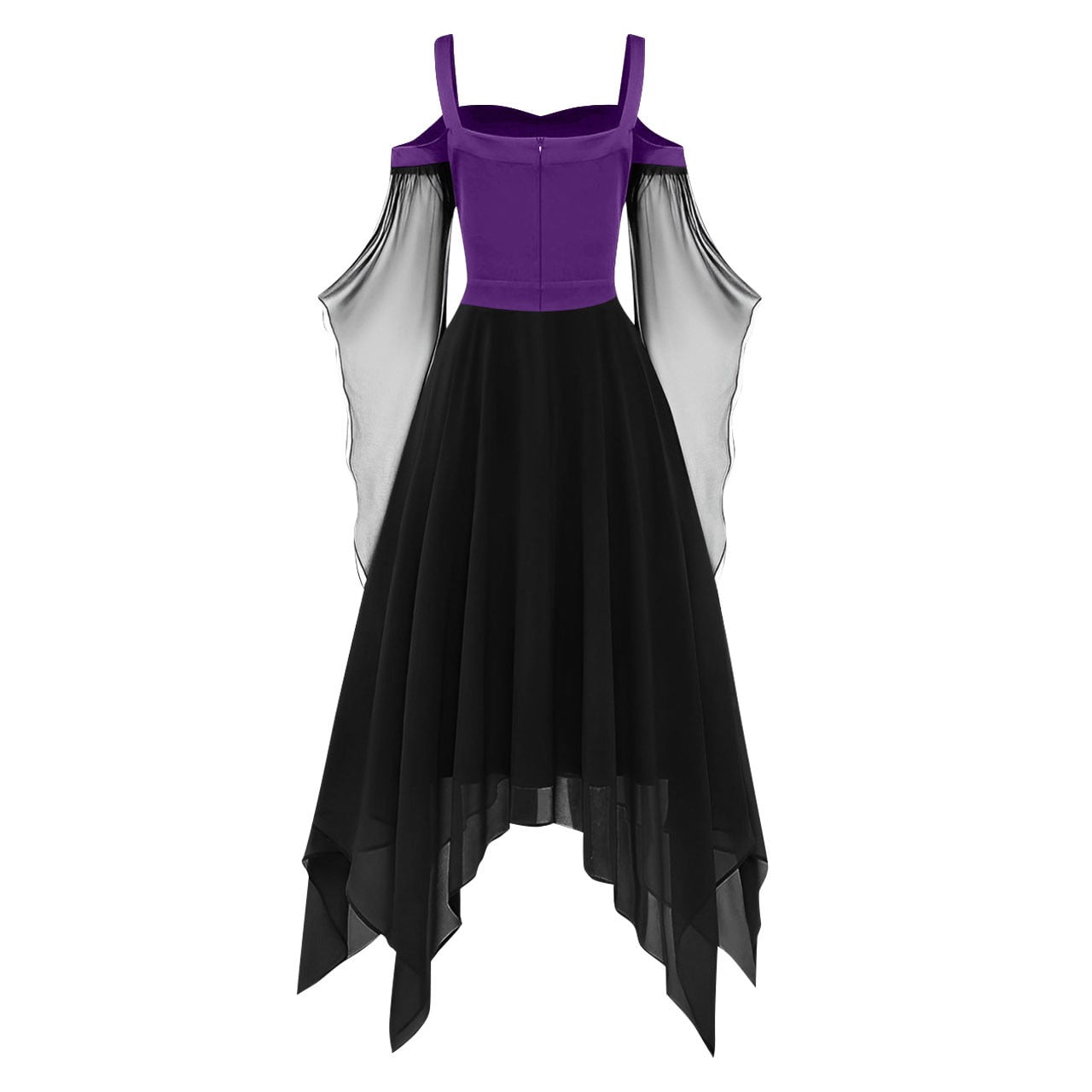 Women Gothic Cold Shoulder Midi Dress, Sheer Flare Bell Sleeve Front Corset Irregular Witch Costume Dress, Adult Halloween Dark Aesthetic Vintage Formal Evening Cosplay Party Outfit(Navy-2/M)