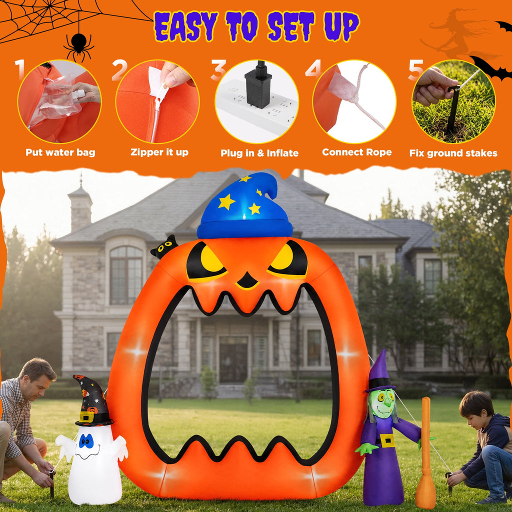 Firstness 8.2ft Halloween Inflatable Pumpkins Photo Door with Ghost Witch Yard Party Outdoor Decorations with LED Lights