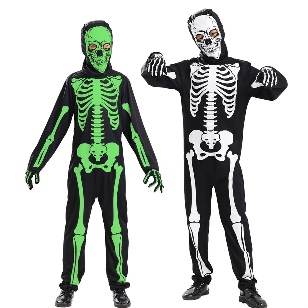 WIBACKER Kids Skeleton Halloween Costume, Glow in The Dark Halloween Cosplay Onesie for Boys and Girls, Jumpsuit + Gloves + Hood Mask