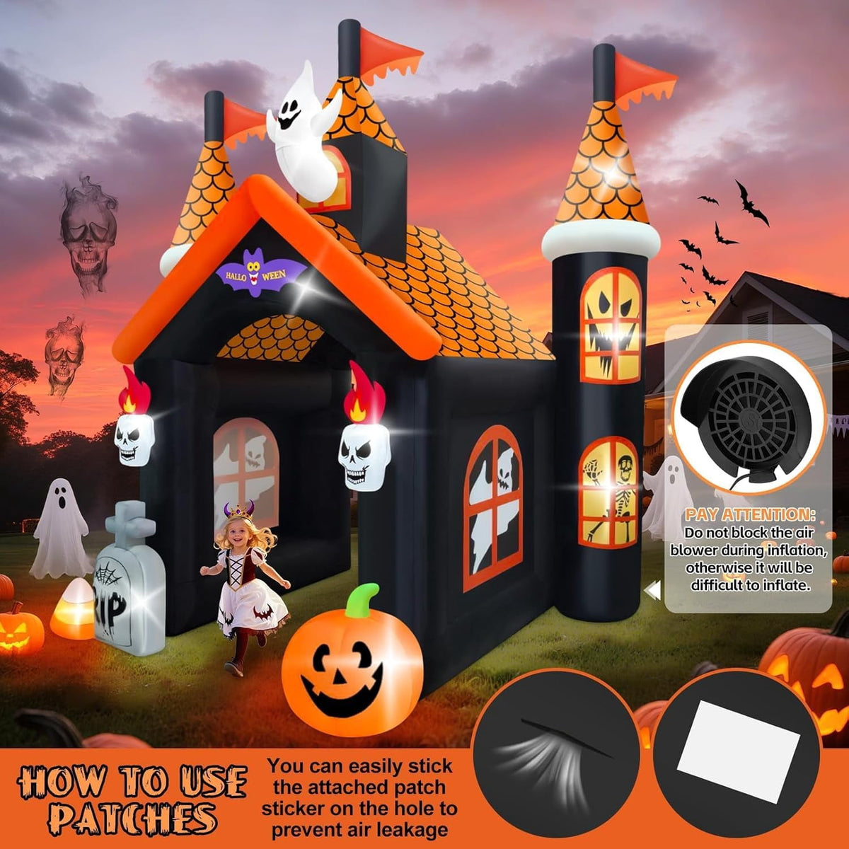 12FT Halloween Inflatable Archway, Kalolary Large Haunted House Inflatable Ghost Pumpkin Blow up Tunnel Halloween Outdoor Indoor Decorations Holiday Yard Lawn Inflatables for Home Family Party