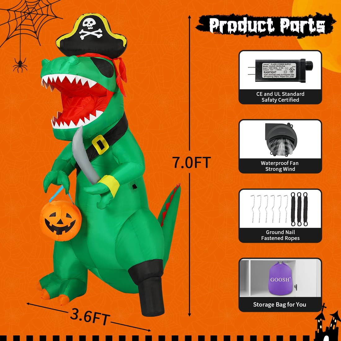 GOOSH 7FT Outdoor Halloween Decorations Halloween Dinosaur Inflatable, Halloween Inflatables Blow up Dinosaur, Green Pirate Dino Halloween Decorations Dinosaur Halloween Inflatable for Holiday/Party