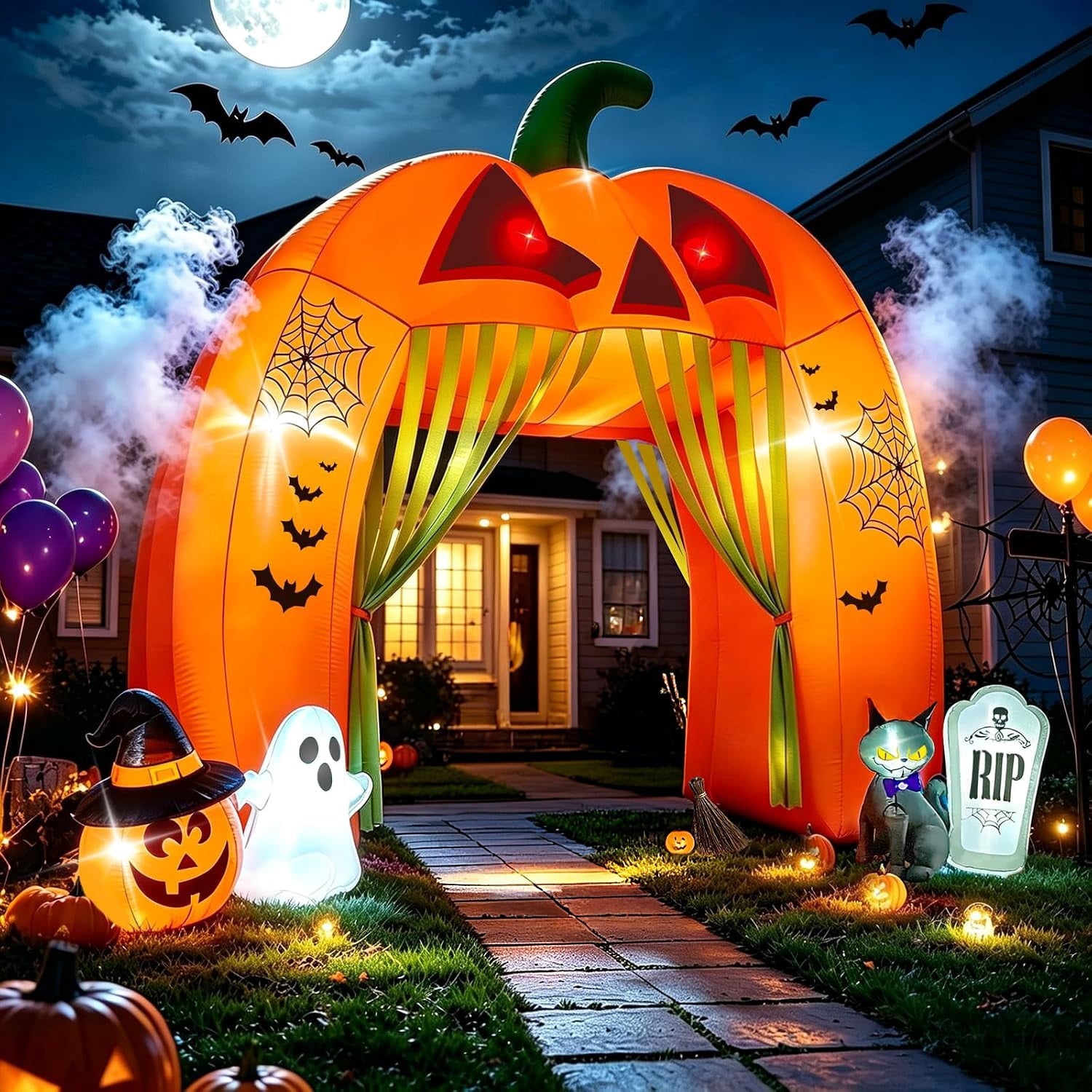 Kalolary 12FT Halloween Inflatable Pumpkin Tunnel Archway, Walk-Through Haunted House with Ghost, Cat & Tombstone for Outdoor Yard Decoration