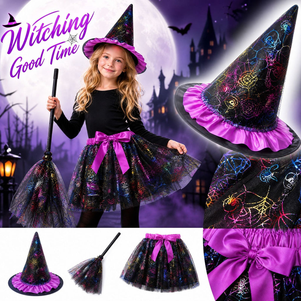 choiix Witch Tutu Skirt and Hat Set with Broomstick Halloween Costume Outfit with Printed Tulle Skirt and Witch Hat Cosplay Outfit for Party 100