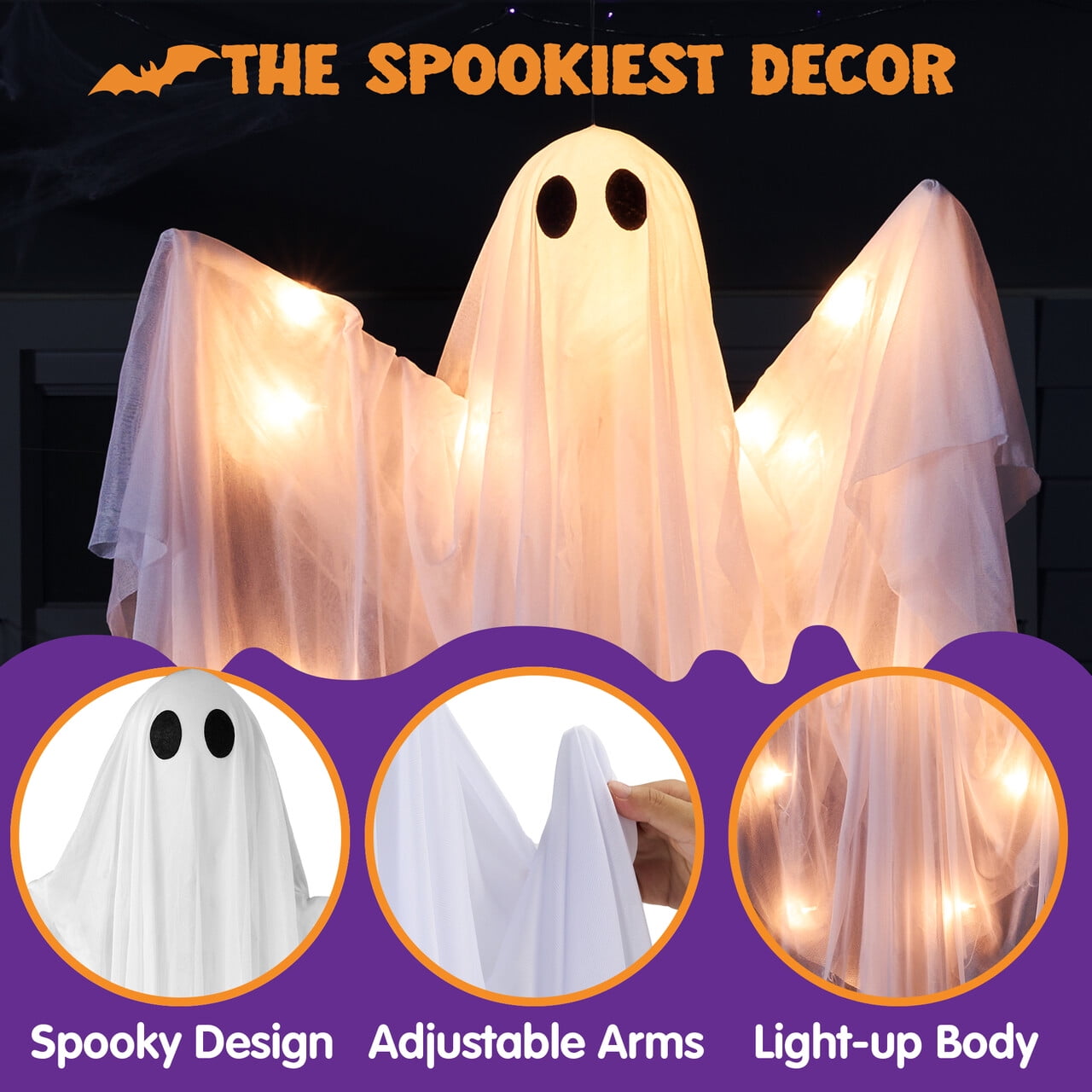 Joyfy 47" Halloween Hanging Light up Ghost Decorations Outdoor,White Ghosts with Blue LED Light and Timer Halloween Hanging Decoration Waterproof for Front Yard Patio Lawn