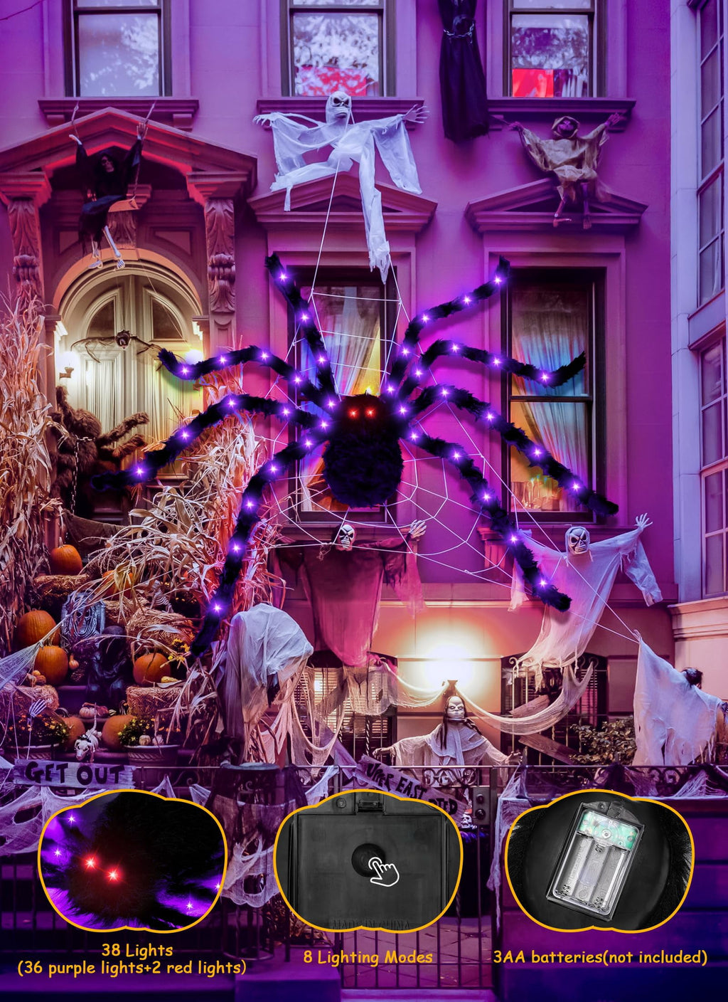 Halloween Decorations Outdoor Spider Webs: 1Pcs Giant Spiders - 200'' Triangular Web with Hook - Stretch Web and Ground Stakes for Large Halloween Decor and Haunted House Decoration
