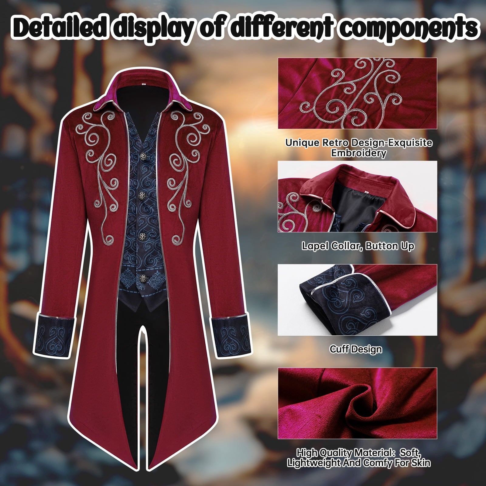 GYQMBT Men Medieval Steampunk Tailcoat Jacket Gothic Victorian Frock Coat Uniform Halloween Party Cosplay Gentleman Costumes, Blue, XL