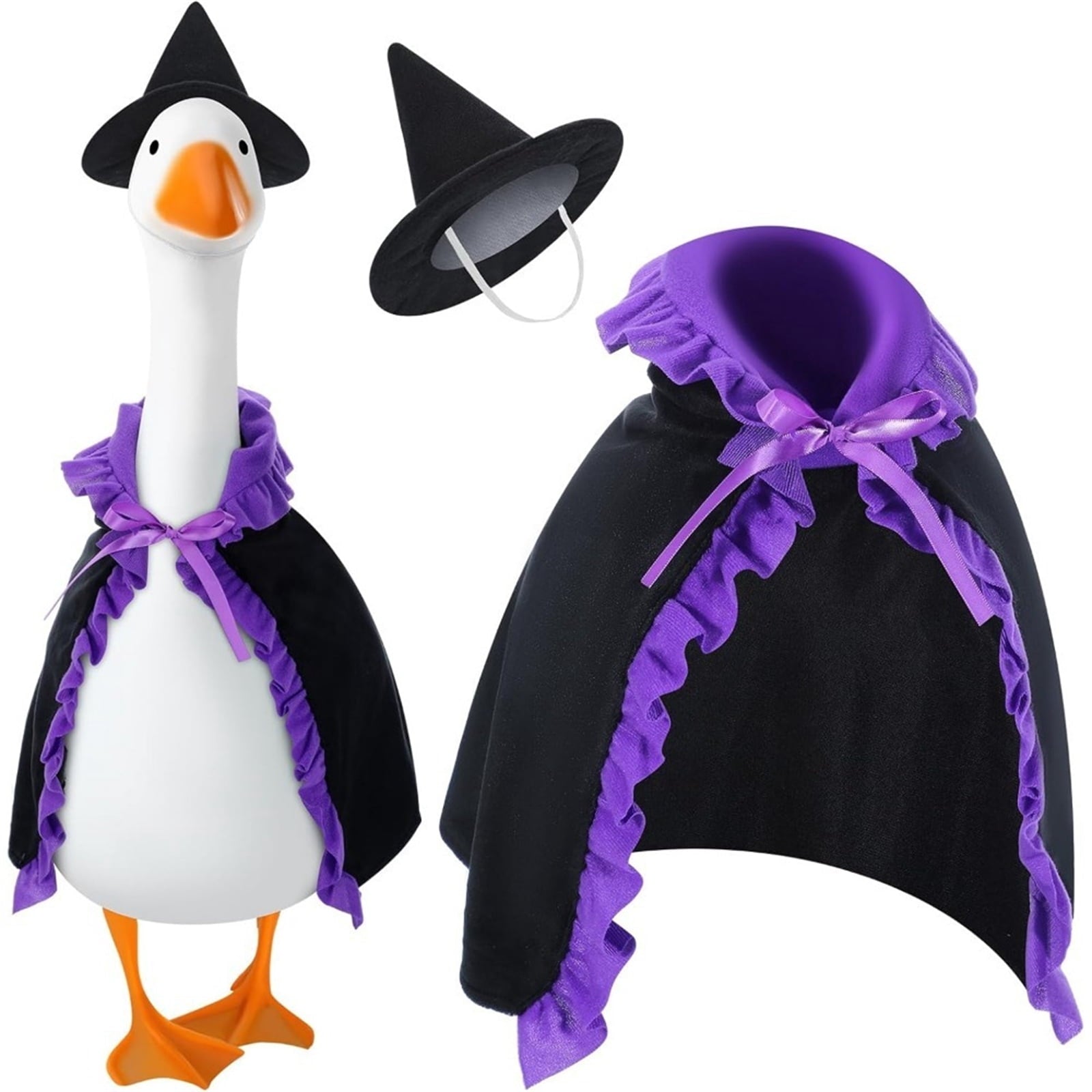 Bat Witch Hat Spiderweb Halloween Goose Clothes Fit 17/23In Cement Plastic Lawn Goose, Stylish Full Set for Outdoor Yard Patio Garden Seasonal Halloween Home Ornamental Arrangement