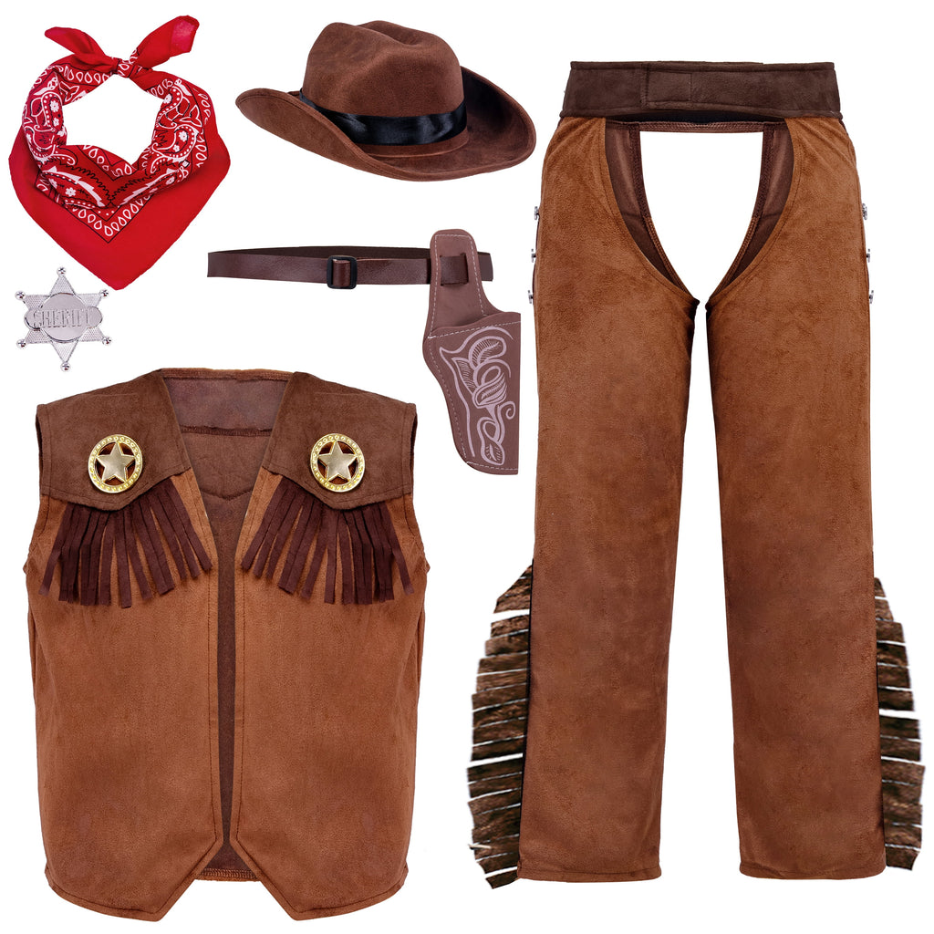 Joyfy Halloween Cowboy Costume for Boys, Kids Cowboy Costume Set, Brown Western Style Cowboy Outfit with Cowboy Hat for Toddler Dress-up Party Cosplay