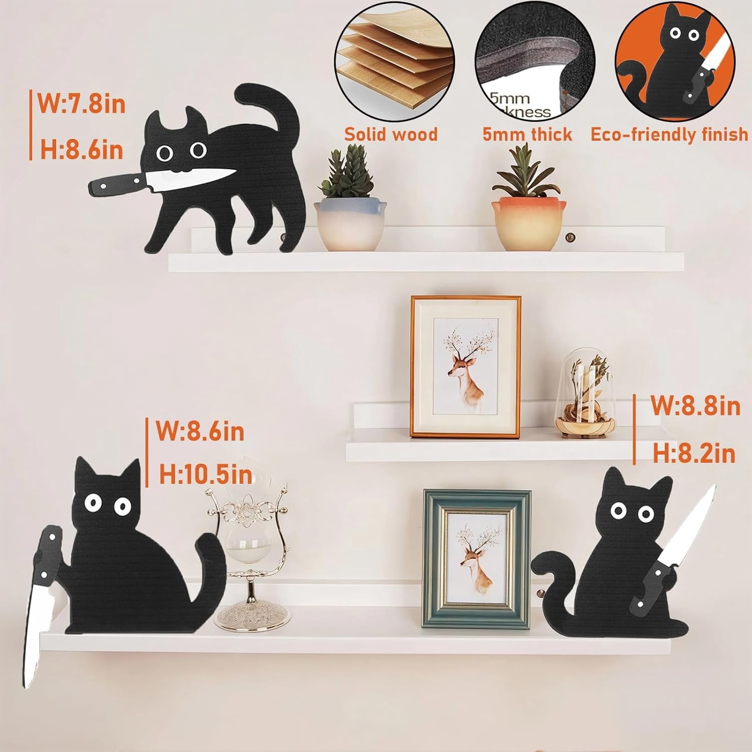 Halloween Wall Decorations Set of 3 Cat-8.6" Black Cat Wooden Indoor Halloween Decoration for Door Cornor for Entrance Hall, Kitchen, Shelf Ultimate Door Corner Decoration