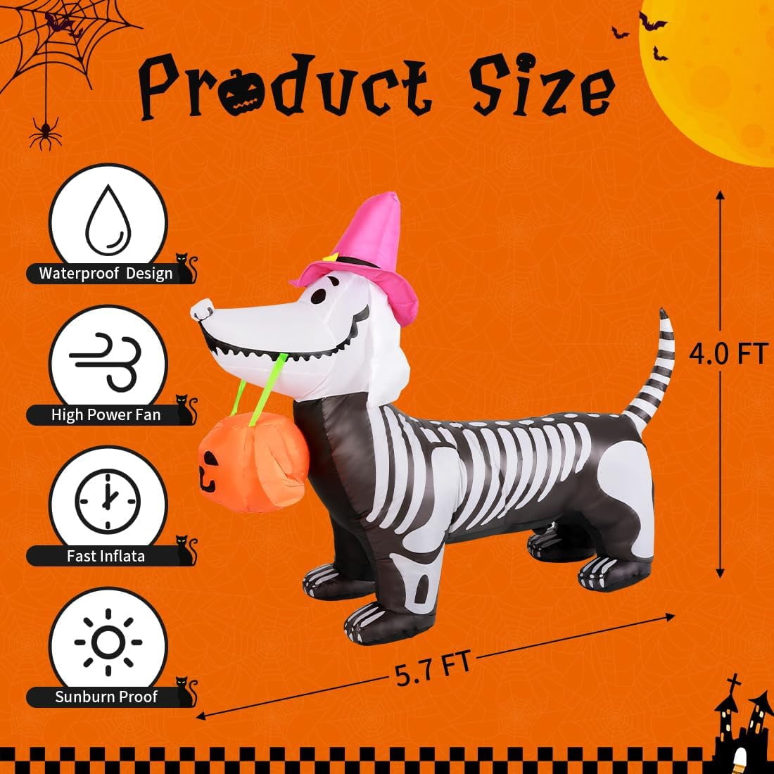 GOOSH Halloween Inflatables 5.7 FT Halloween Skeleton Dog Inflatable, Halloween Skeleton Puppy Inflatable with Build-in LEDs, Outdoor Halloween Decorations Clearance for Halloween Holiday Party