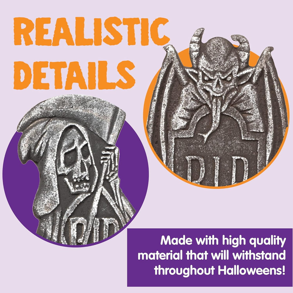Joyfy 17" Halloween 5 Pack Tombstone Decorations, Foam RIP Graveyard Signs Cemetery Headstones Scary Outdoor Indoor Halloween Decor with 12 Metal Stakes for Easy Set Up, Waterproof for Garden Lawn