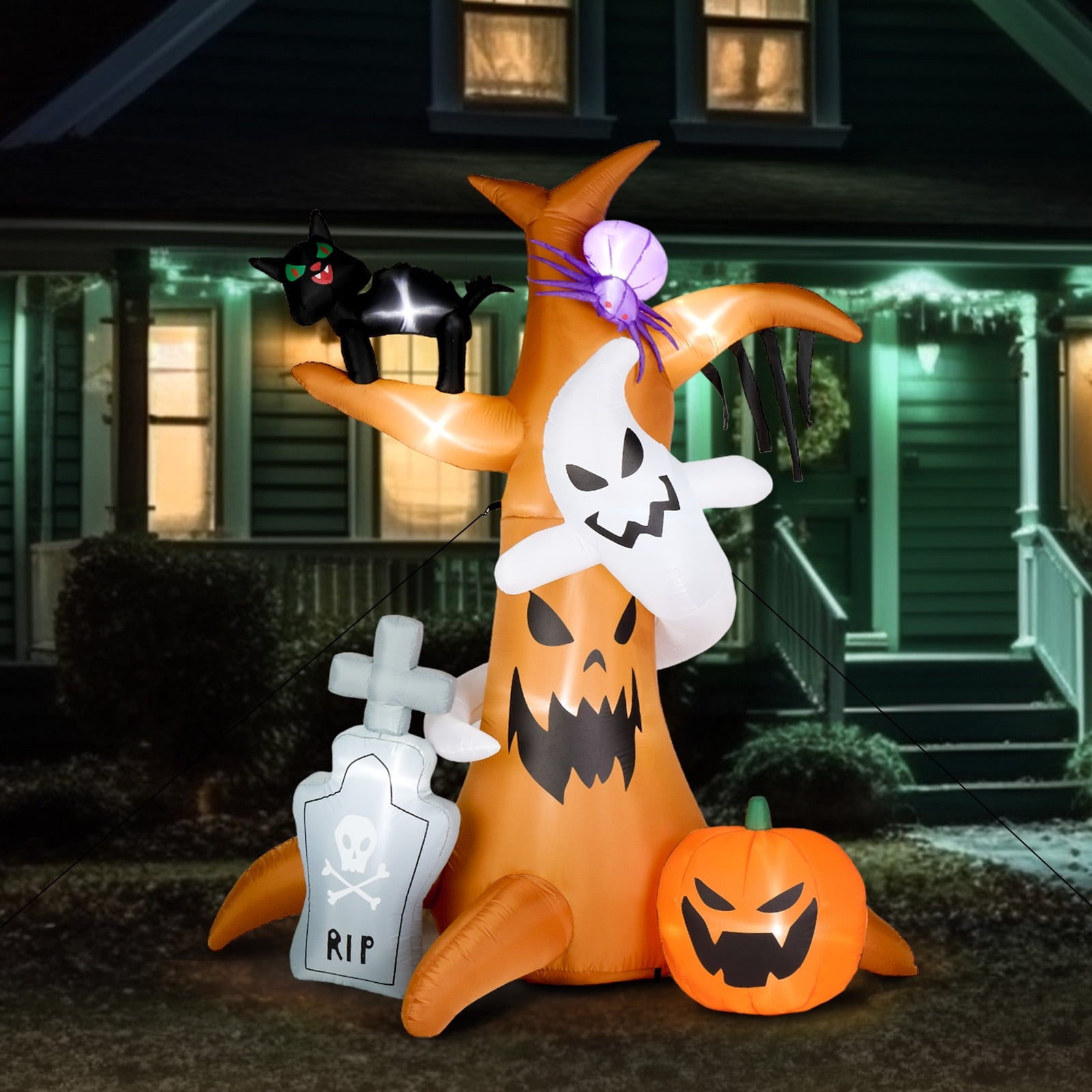 UBesGoo Inflateble Halloween Decoration 8FT Tree w/ Tombstone Pumpkin Ghost and Cat