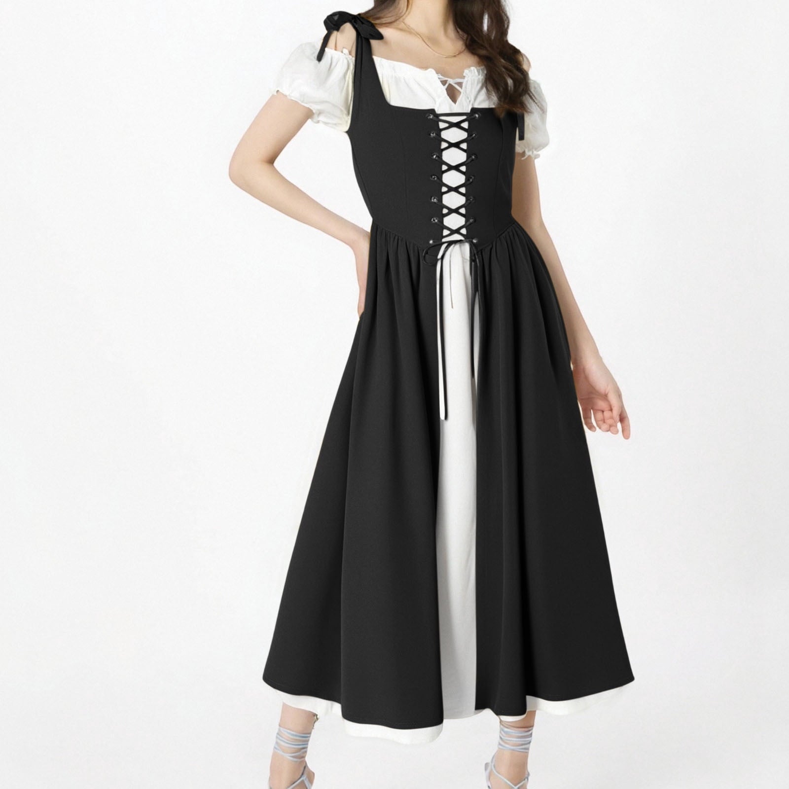 QATAINLAV Renaissance Costume Women Vintage Medieval Dress Cold Shoulder Short Sleeve Peasant Pirate Irish Maxi Dresses, Black, L
