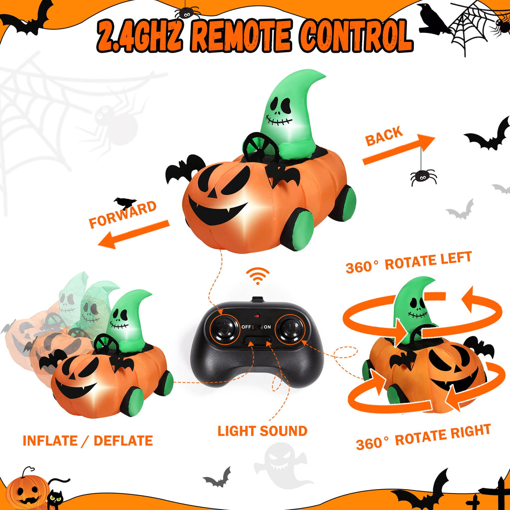 Firstness 2.6ft Remote Control Halloween Inflatable with Music Lights,Pumpkin Spider Car Blow ups Rc Car,Indoor Outdoor Decorations