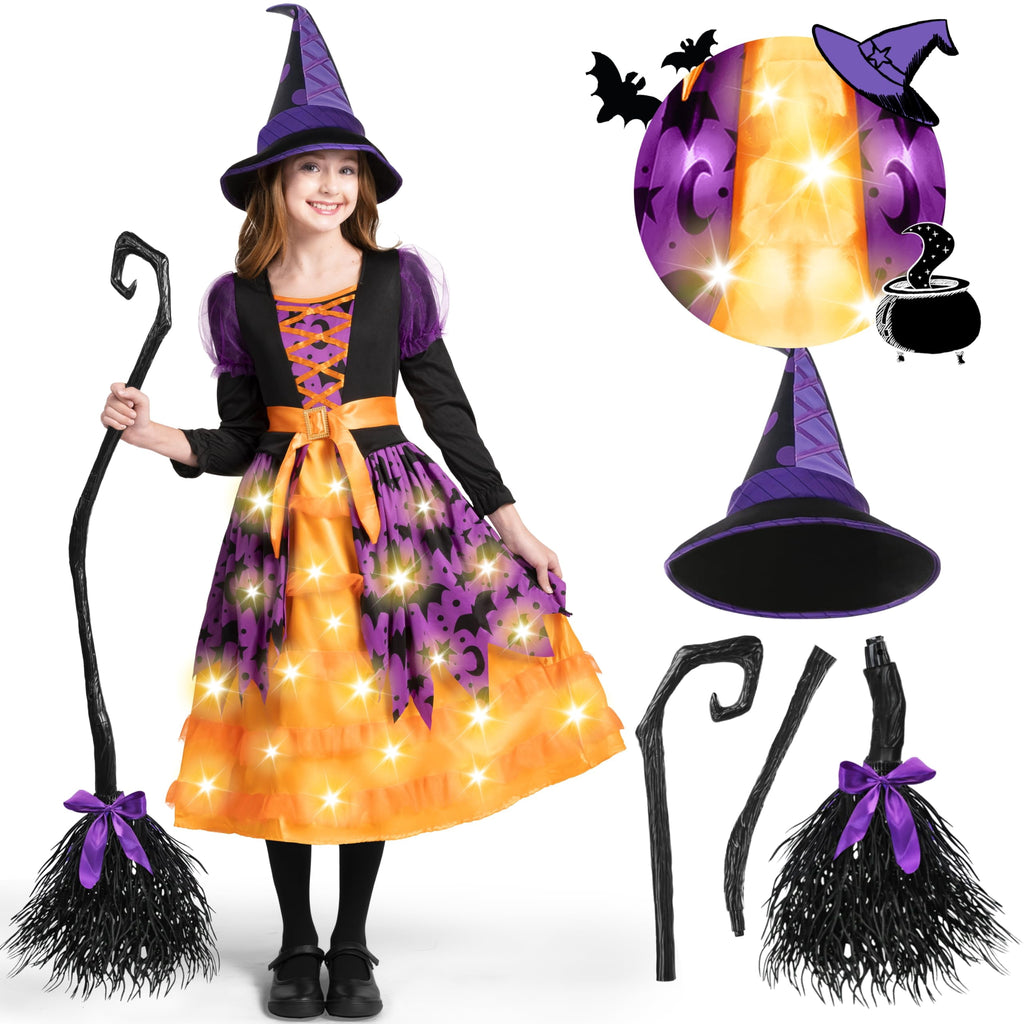 Joyfy Light up Witch Costume for Girls,Starry Witch Dress with Broom Hat for Kids and Toddlers, Perfect for Halloween Party Dress-up Cosplay Age 5-7