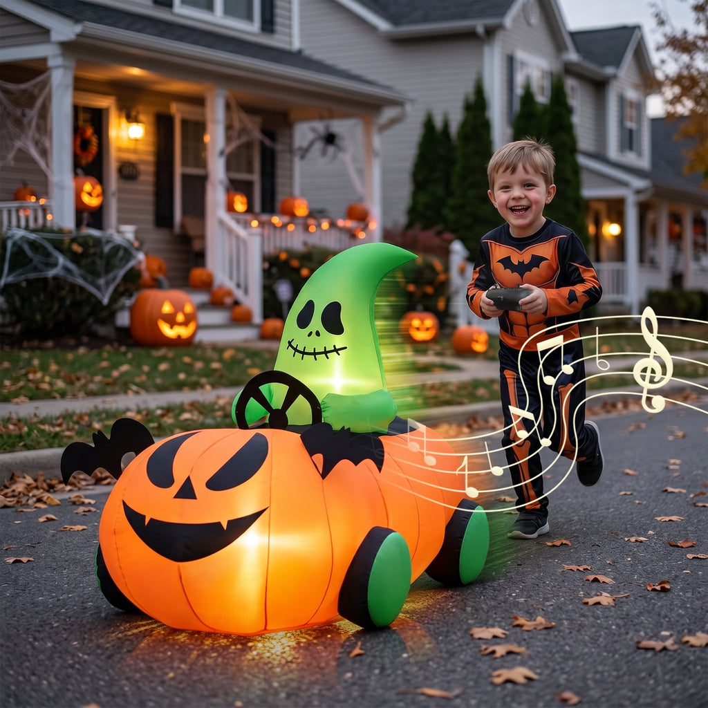 Firstness 2.6ft Halloween Inflatable with Music and Lights,Remote Control Pumpkin Ghost Car,Blow ups Rc Car,Indoor Outdoor,Orange Green