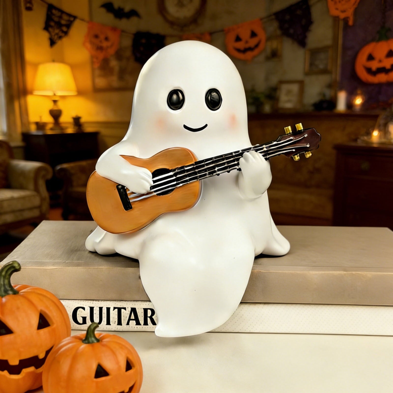 Clearance Ghost Night Light with Guitar USB Powered LED Lamp, Warm White Glow, Resin, Cute Kawaii Figurine, Bedroom Nightlight Gifts