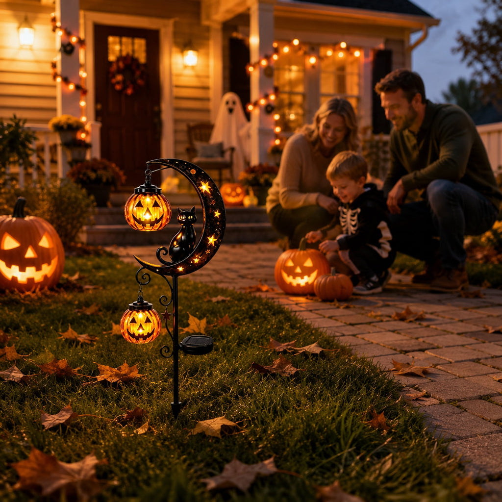 Solar Halloween Black Cat & Pumpkin Moon Garden Stake Light, Solar Black Cat Stake Light Spooky Garden Decor with LED Glow, Waterproof, Halloween Decor for Patio, Lawn, Pathway