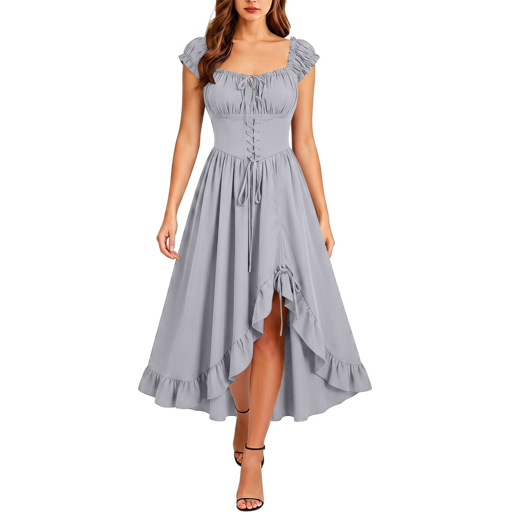 Gothic Dresses for Women Medieval Renaissance Halloween Costume Lace Up Corset High Low Ruffle Hem Square Neck Vintage Gown